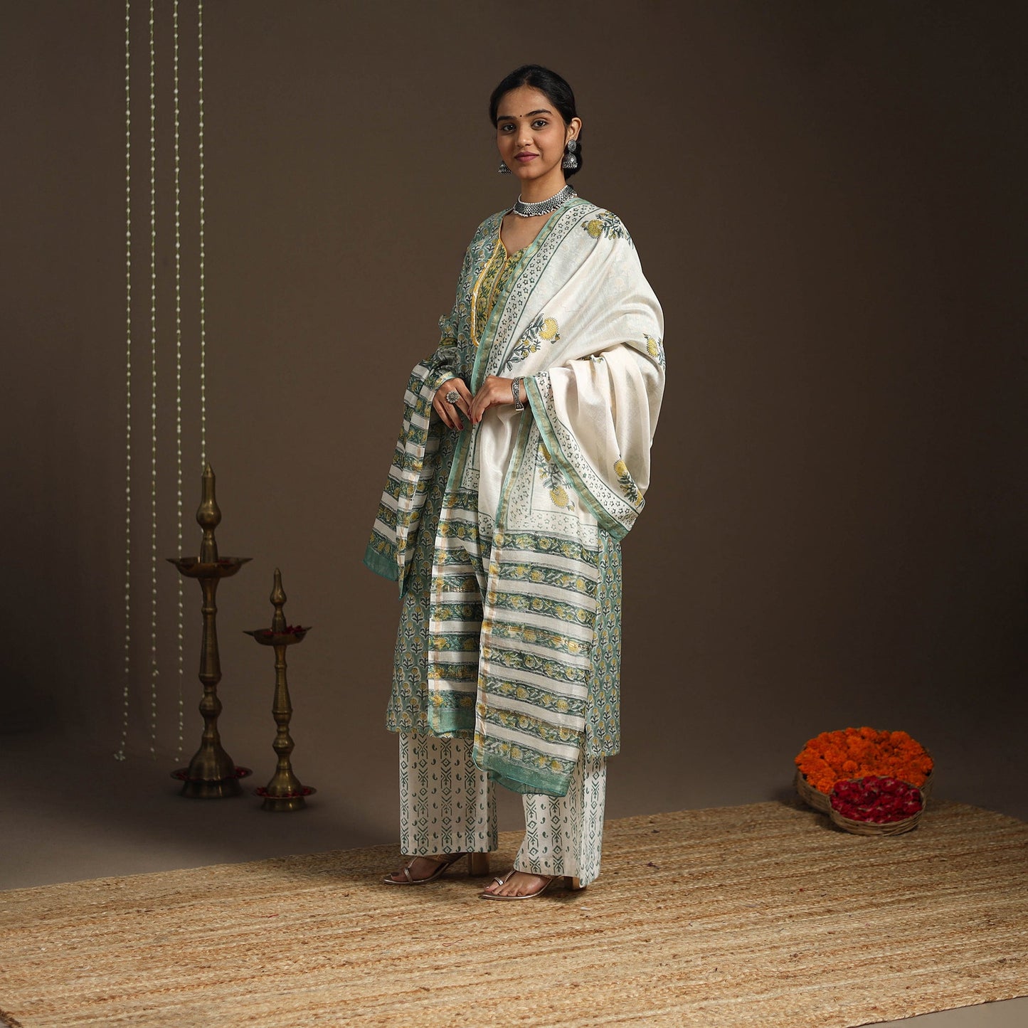 Green - gota work chanderi silk sanganeri kurta set (set