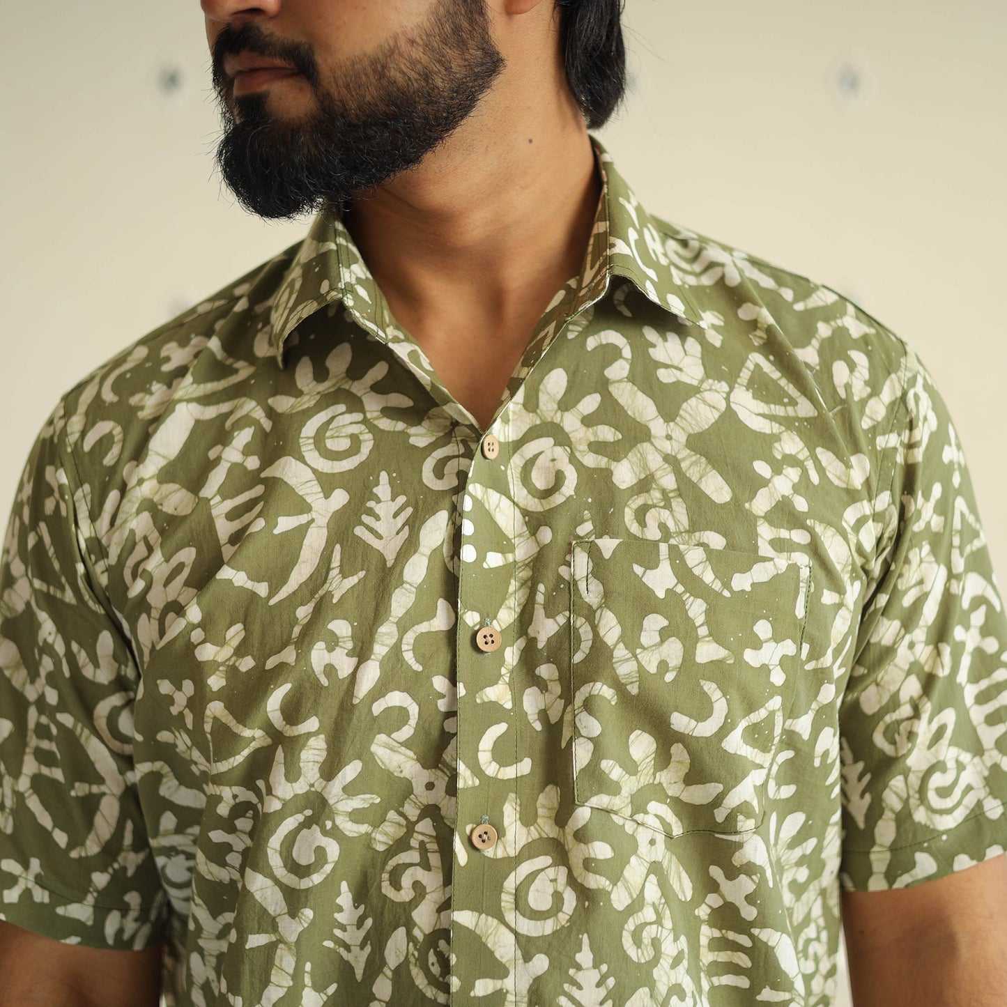 Green Half Sleeve Cotton Men Hand Batik Print Shirt