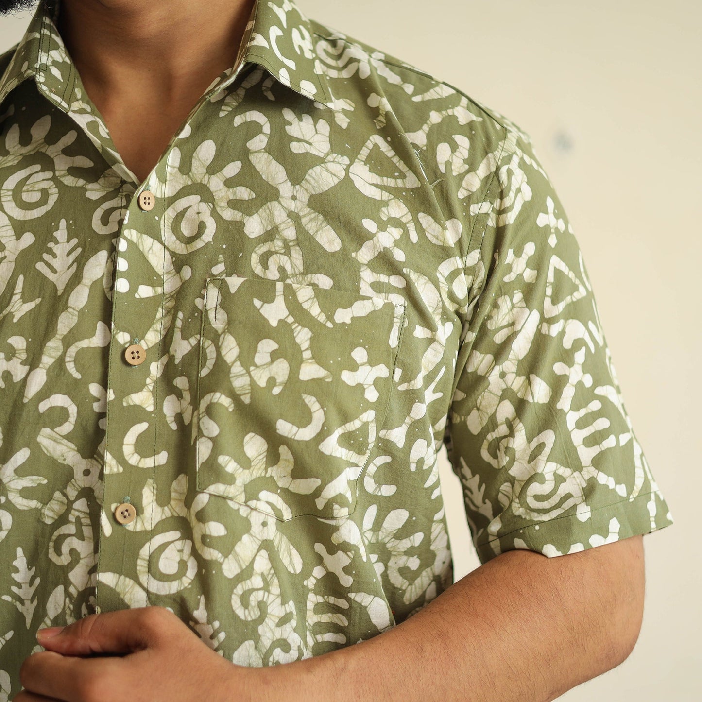 Green Half Sleeve Cotton Men Hand Batik Print Shirt