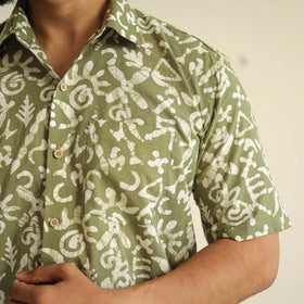 Green Half Sleeve Cotton Men Hand Batik Print Shirt