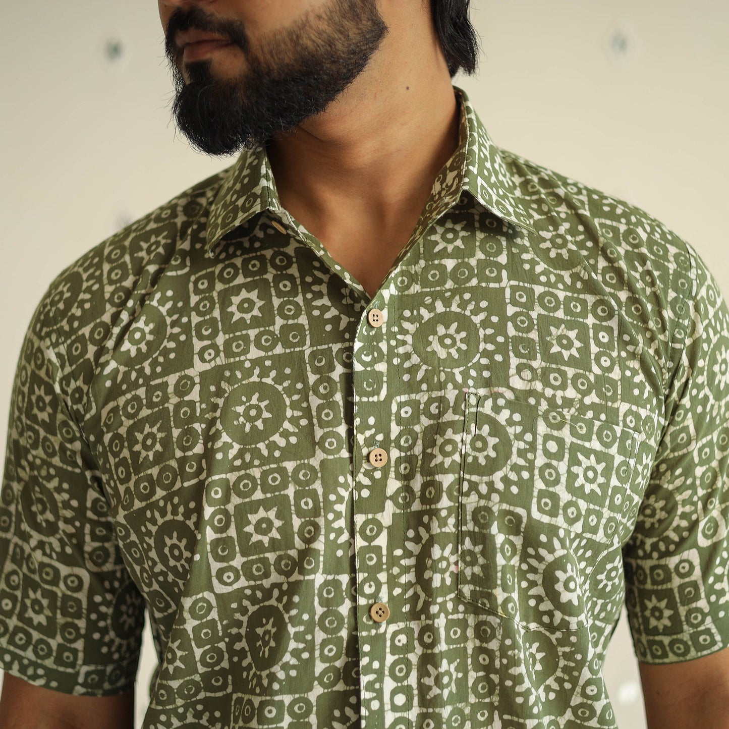 Green Half Sleeve Cotton Men Hand Batik Print Shirt