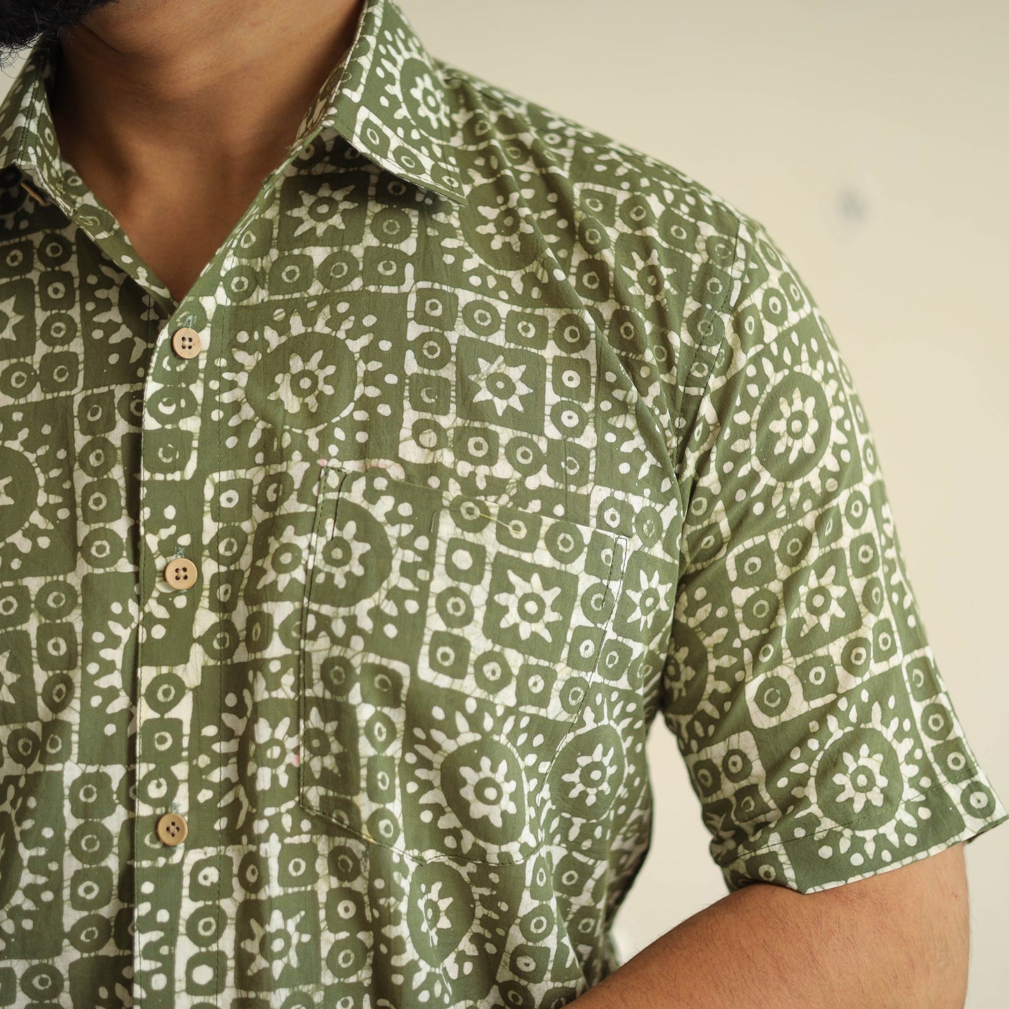Green Half Sleeve Cotton Men Hand Batik Print Shirt