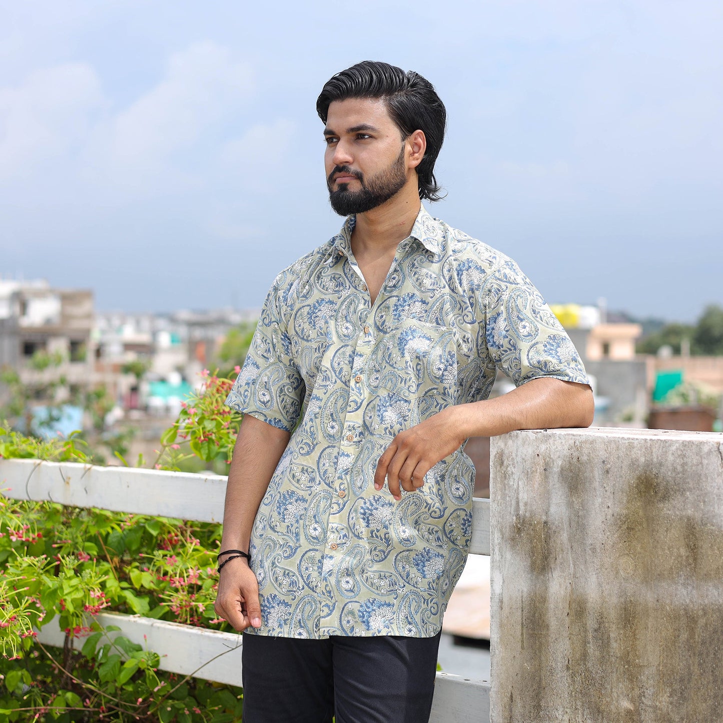Green Half Sleeve Block Print Cotton Men Sanganeri Shirt