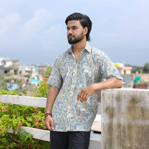 Green Half Sleeve Block Print Cotton Men Sanganeri Shirt