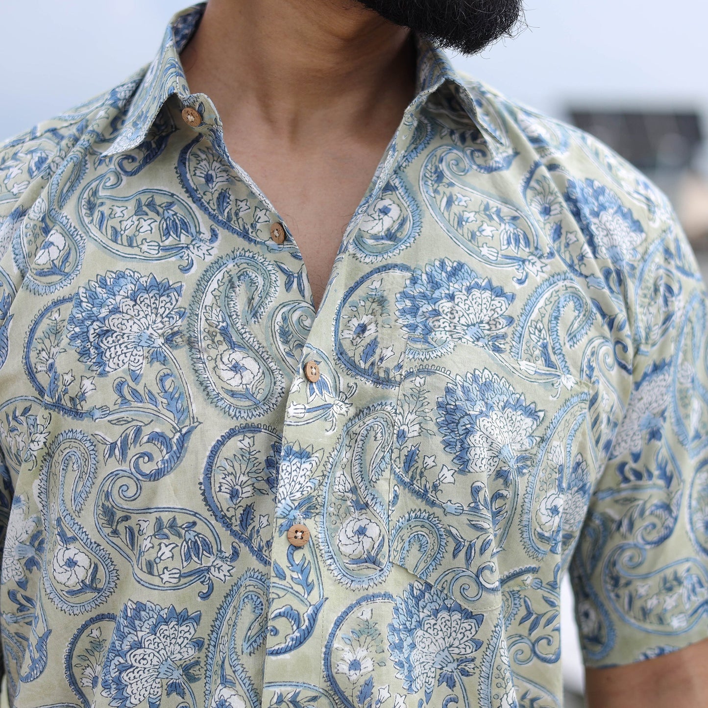 Green Half Sleeve Block Print Cotton Men Sanganeri Shirt