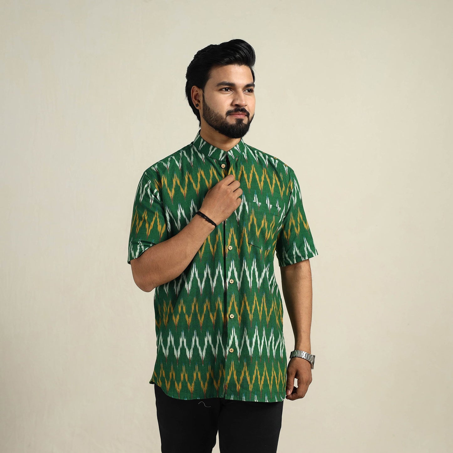  Green Half Sleeve Men Cotton Pochampally Ikat Shirt