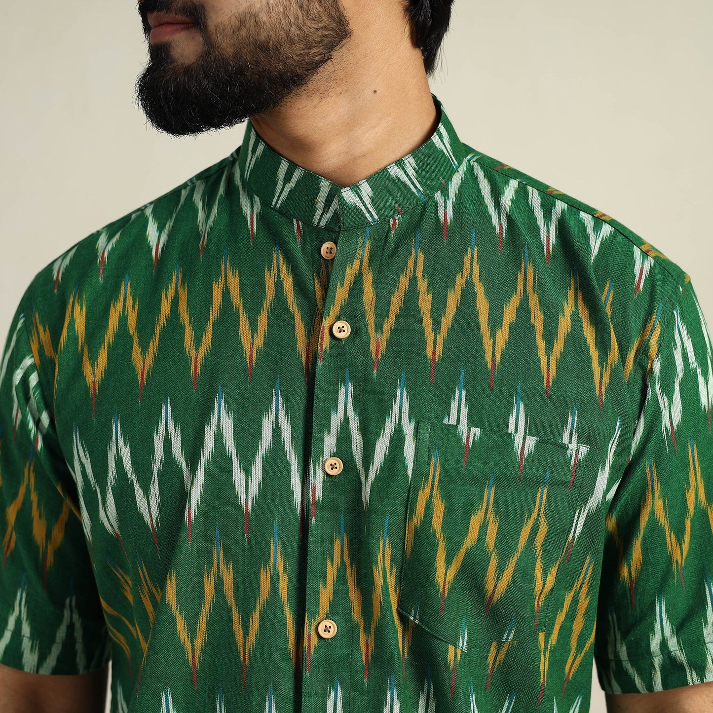  Green Half Sleeve Men Cotton Pochampally Ikat Shirt