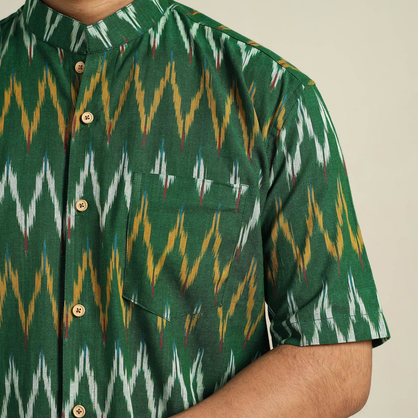  Green Half Sleeve Men Cotton Pochampally Ikat Shirt