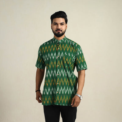 Green Half Sleeve Men Cotton Pochampally Ikat Shirt