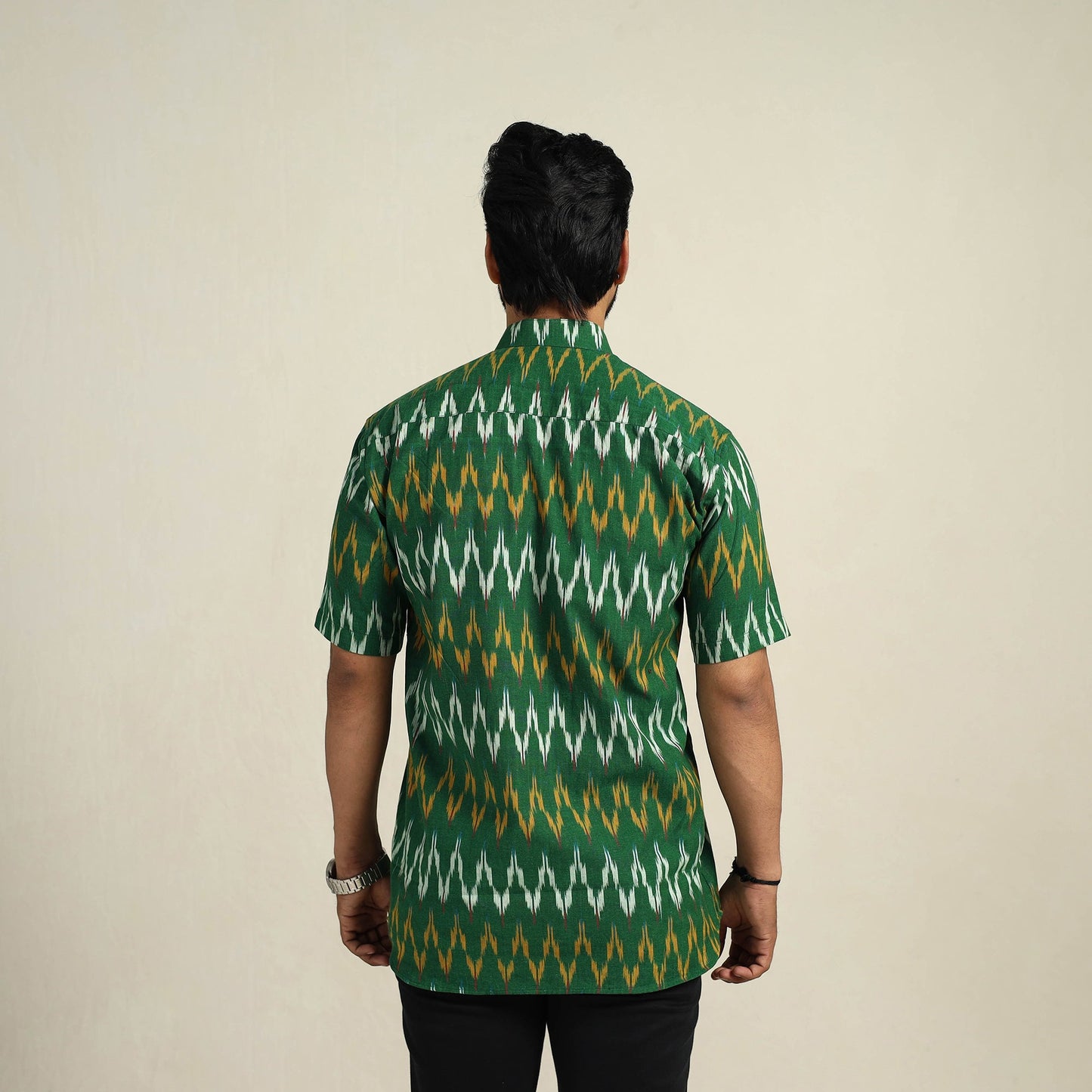  Green Half Sleeve Men Cotton Pochampally Ikat Shirt