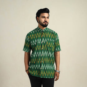  Green Half Sleeve Men Cotton Pochampally Ikat Shirt