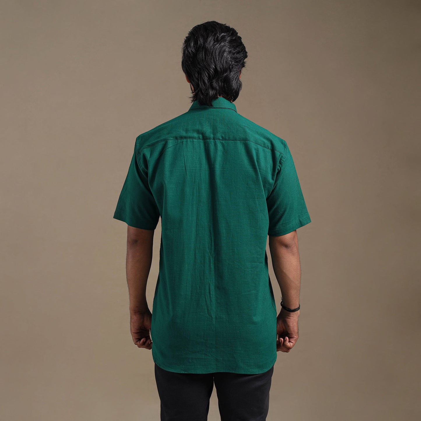 Green Half Sleeve Slub Cotton Men Plain Shirt