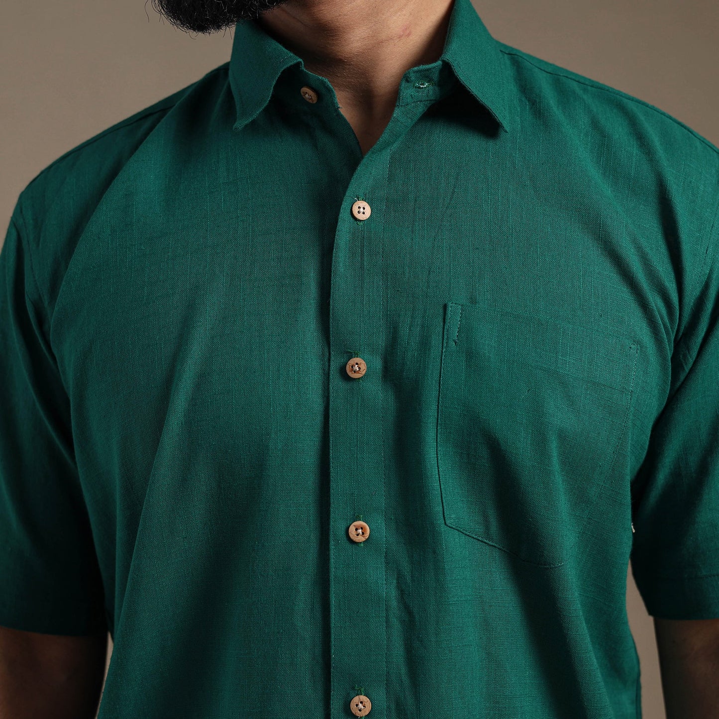 Green Half Sleeve Slub Cotton Men Plain Shirt