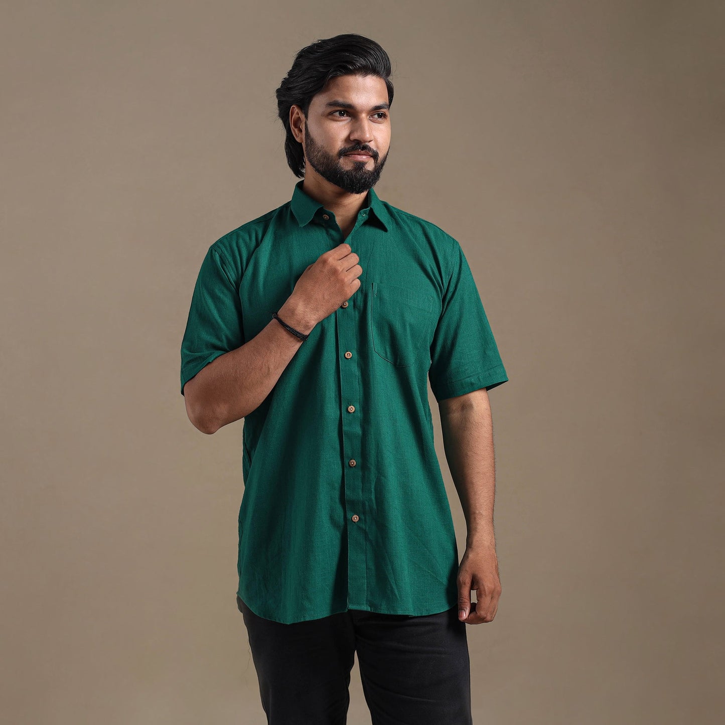 Green Half Sleeve Slub Cotton Men Plain Shirt