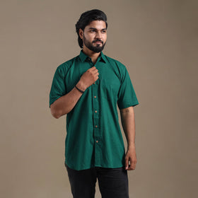 Green Half Sleeve Slub Cotton Men Plain Shirt