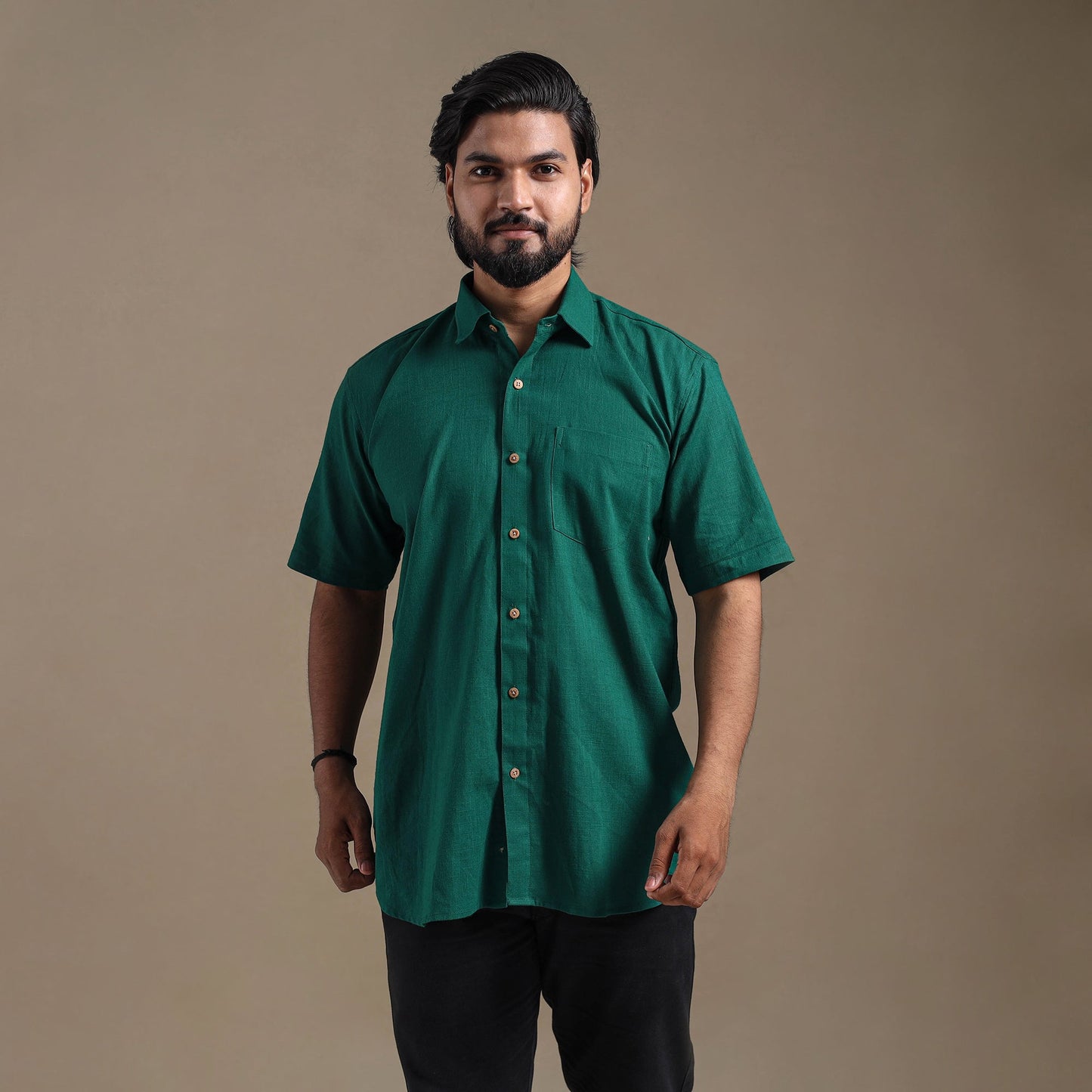 Green Half Sleeve Slub Cotton Men Plain Shirt