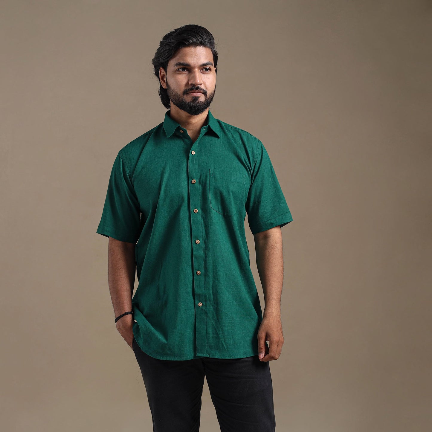 Green Half Sleeve Slub Cotton Men Plain Shirt
