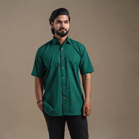 Green Half Sleeve Slub Cotton Men Plain Shirt