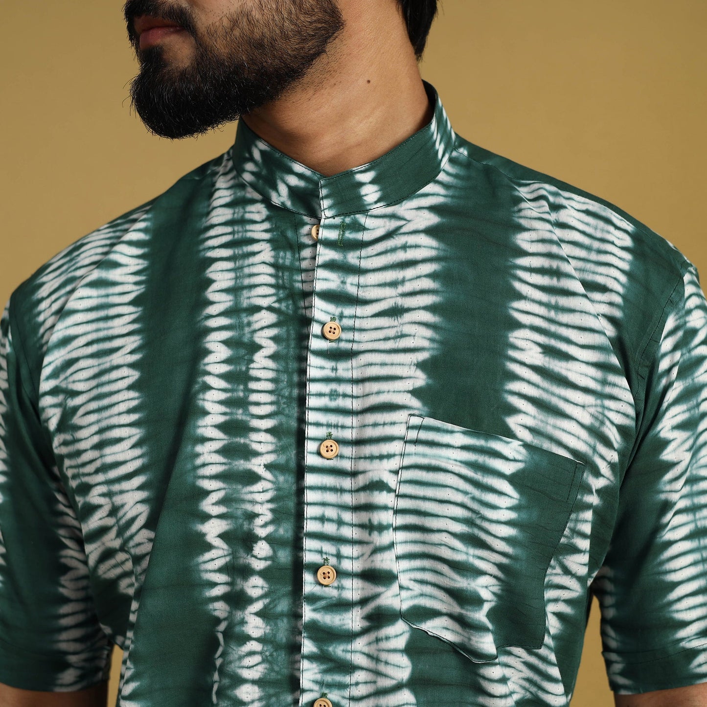  Green Half Sleeve Tie & Dye Cotton Men Shibori Shirt