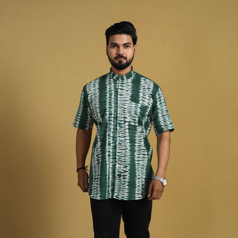  Green Half Sleeve Tie & Dye Cotton Men Shibori Shirt