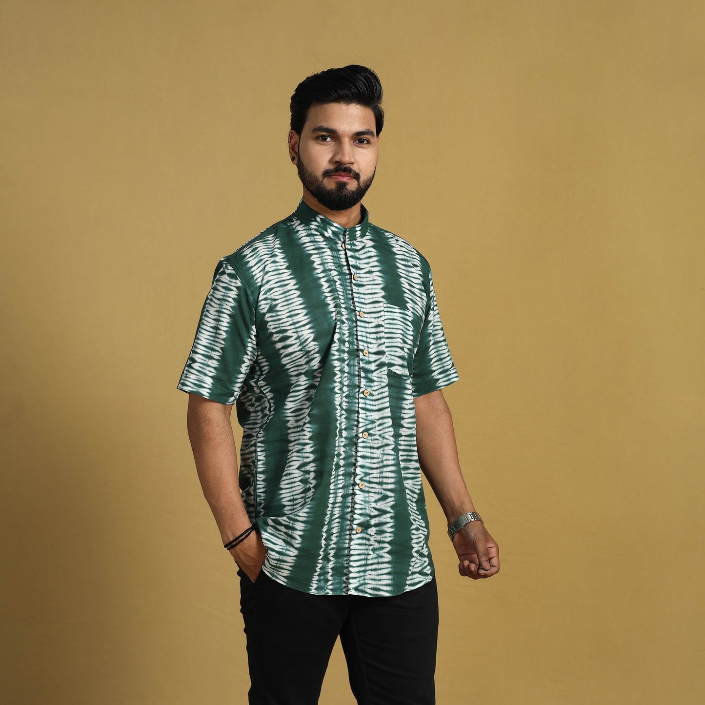  Green Half Sleeve Tie & Dye Cotton Men Shibori Shirt