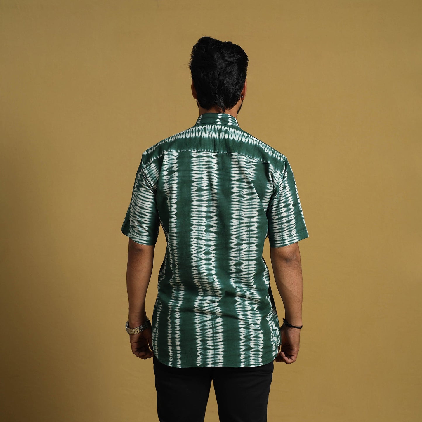  Green Half Sleeve Tie & Dye Cotton Men Shibori Shirt