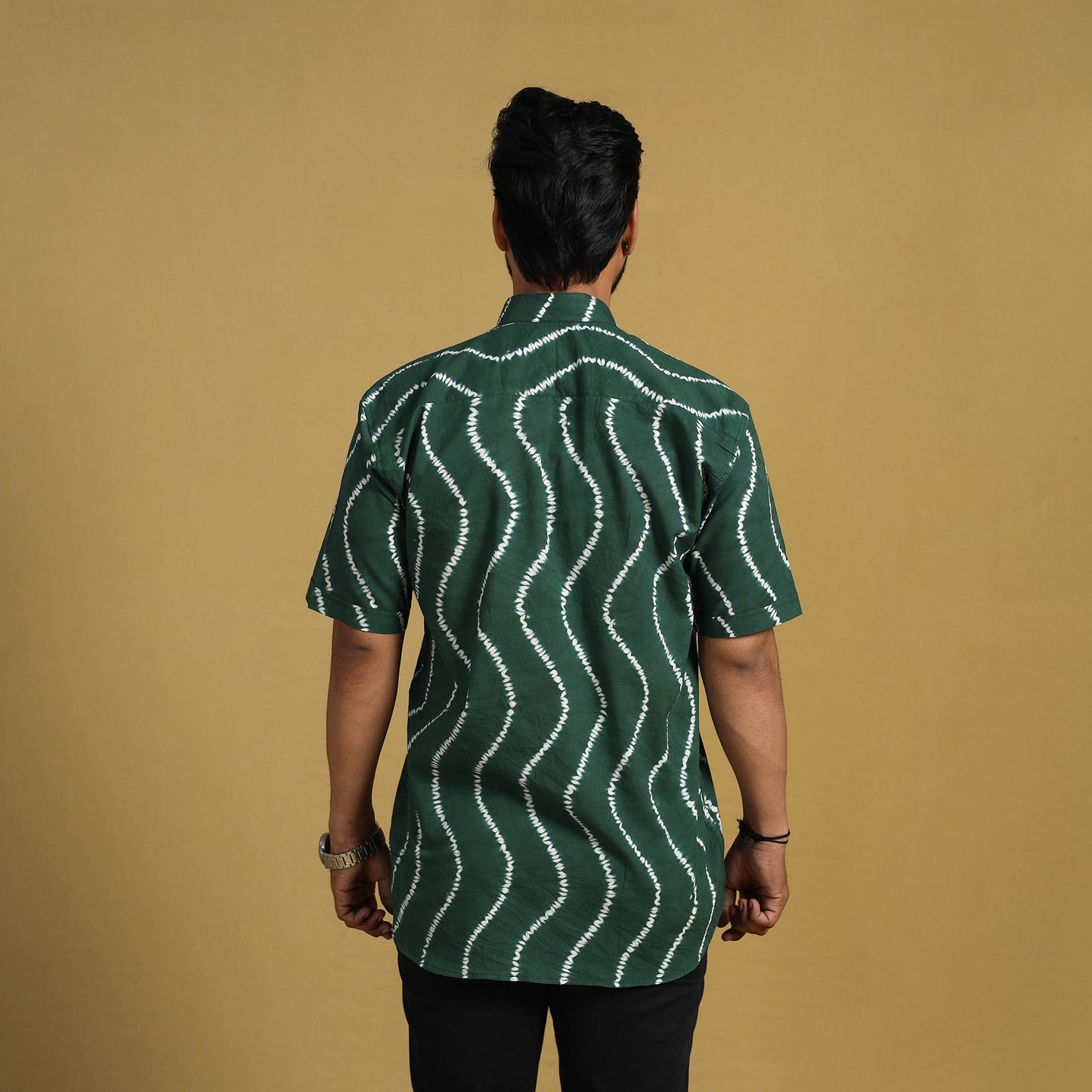  Green Half Sleeve Tie & Dye Cotton Men Shibori Shirt