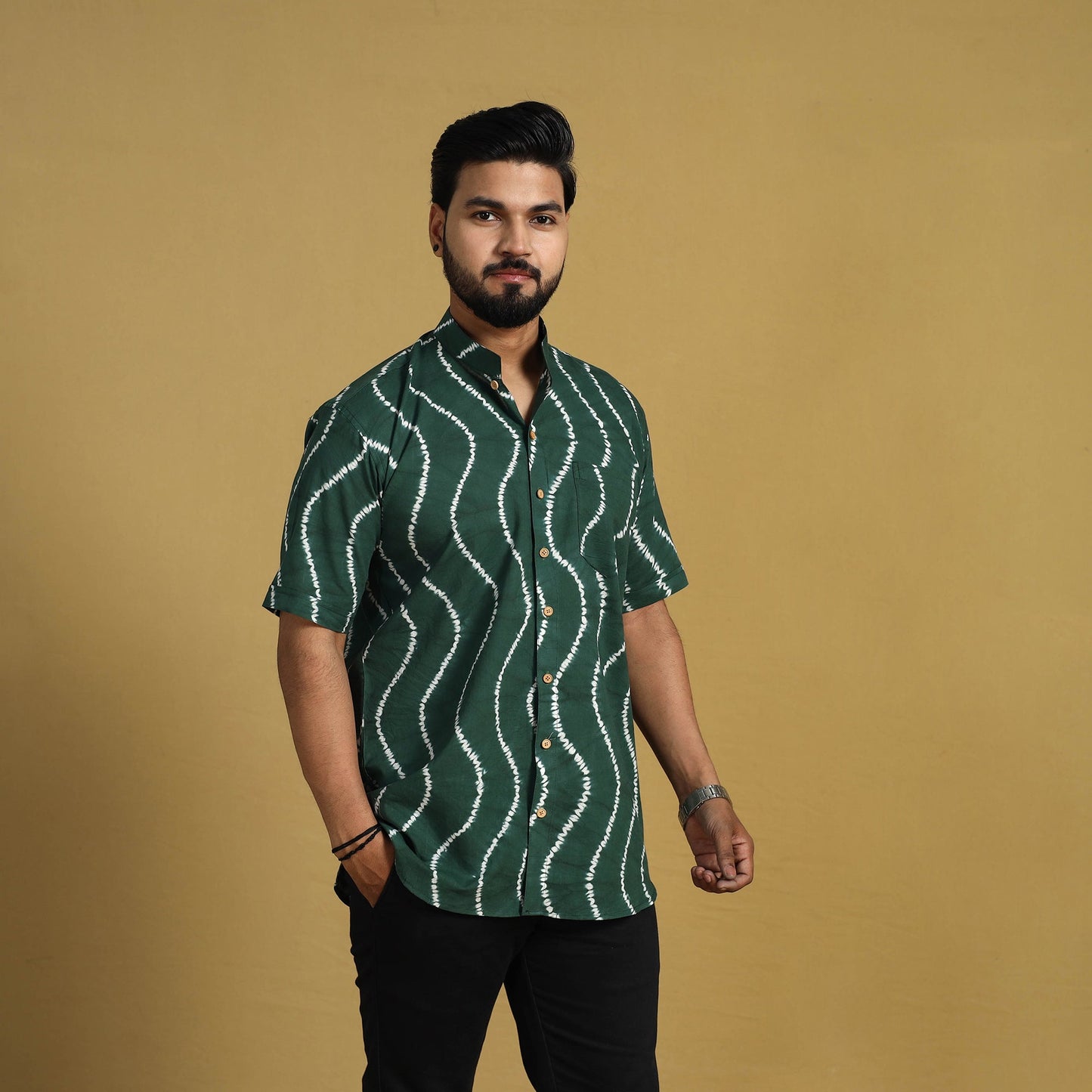  Green Half Sleeve Tie & Dye Cotton Men Shibori Shirt
