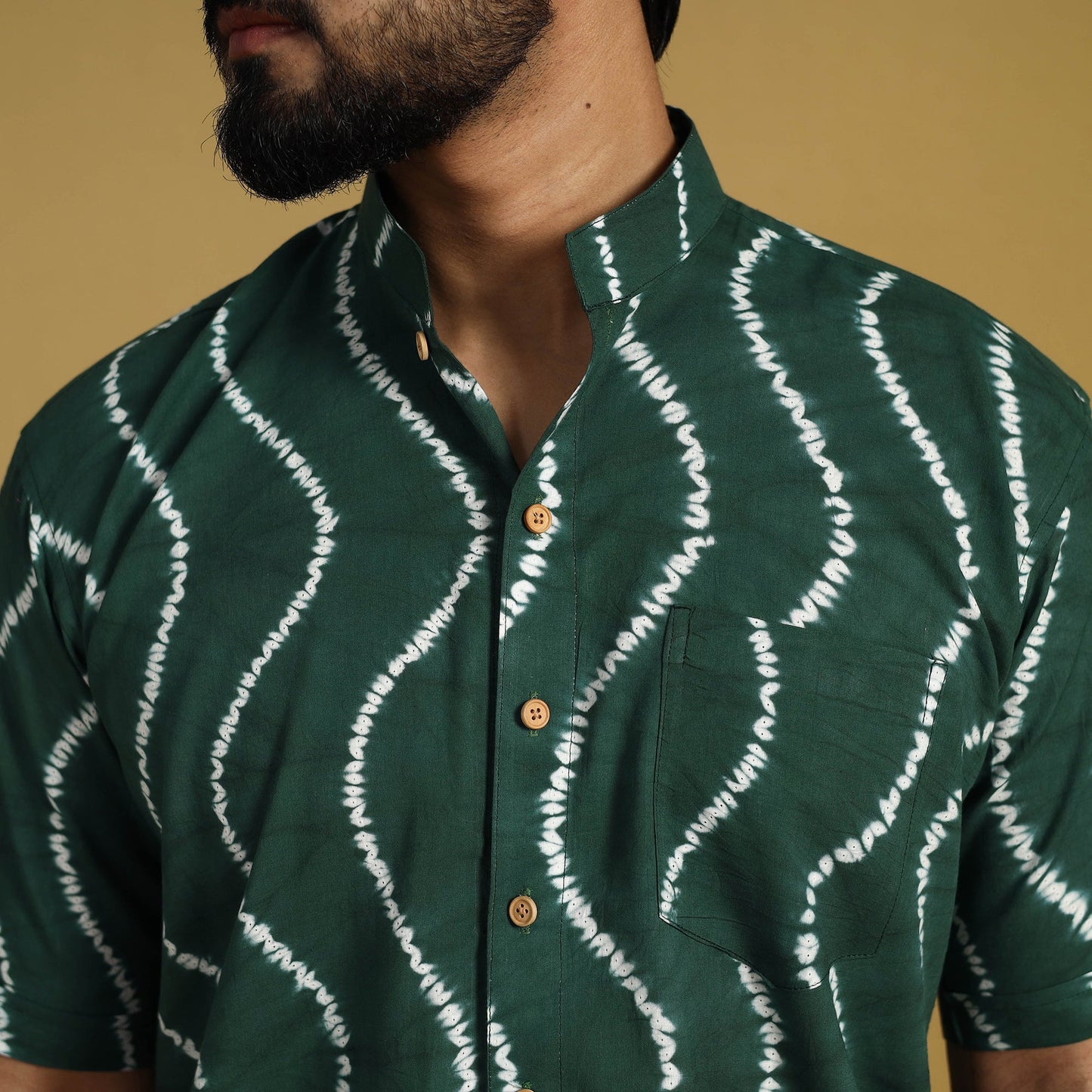  Green Half Sleeve Tie & Dye Cotton Men Shibori Shirt