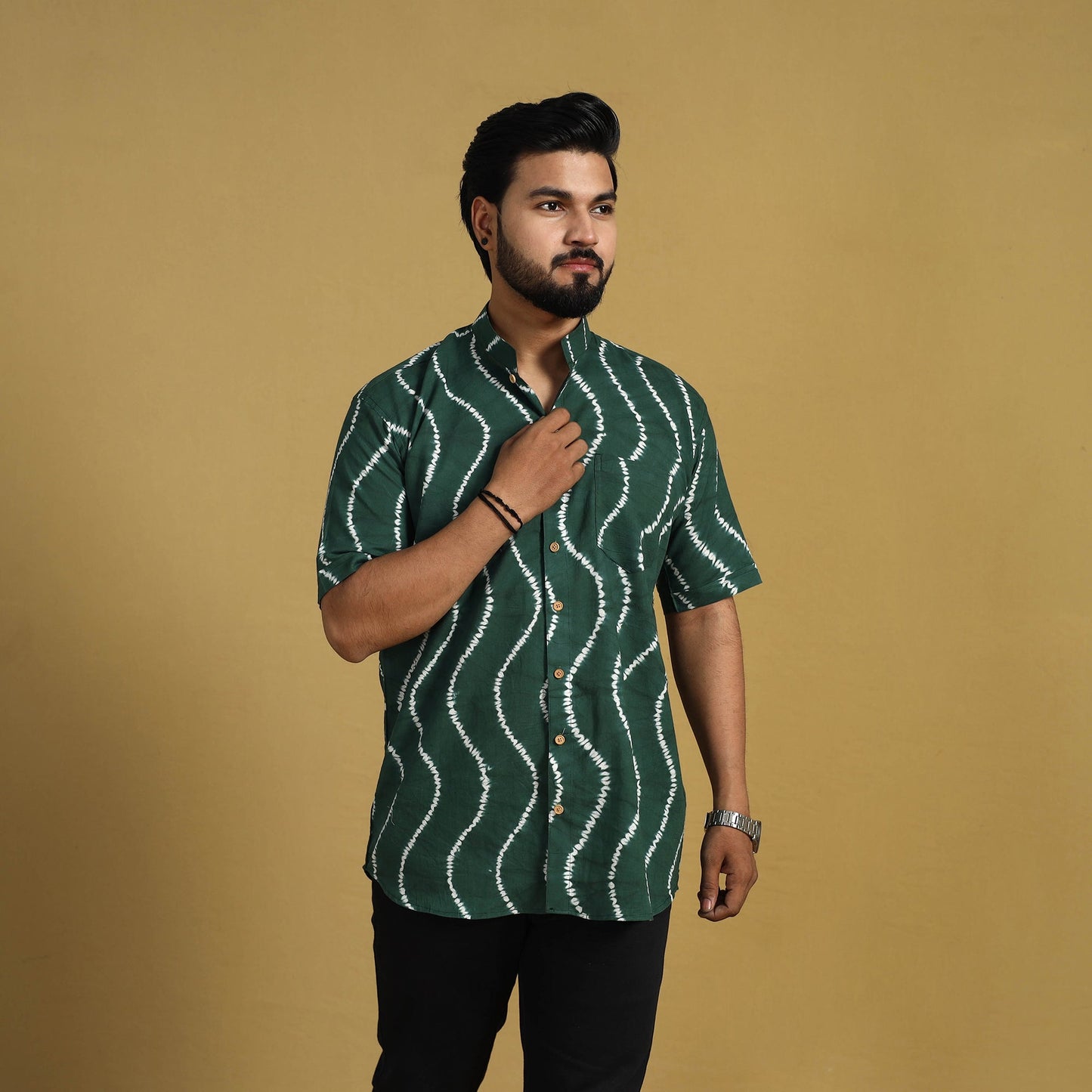  Green Half Sleeve Tie & Dye Cotton Men Shibori Shirt