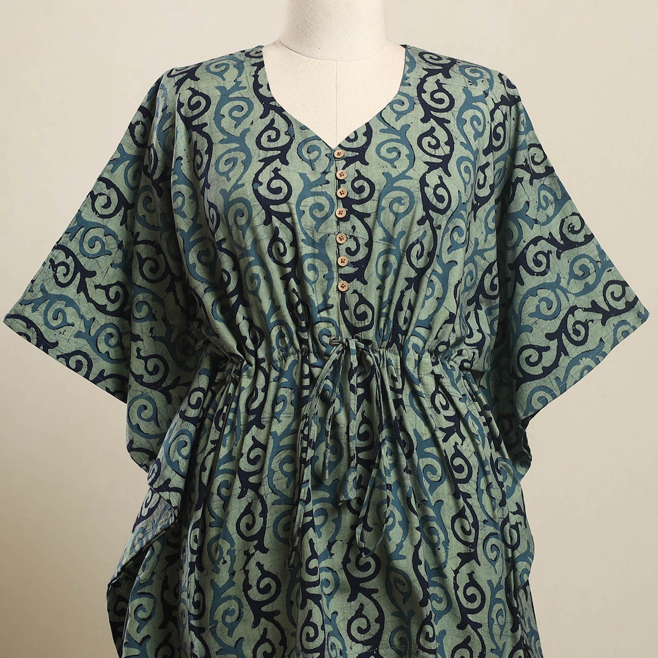  Green Hand Batik Print Cotton Kaftan
