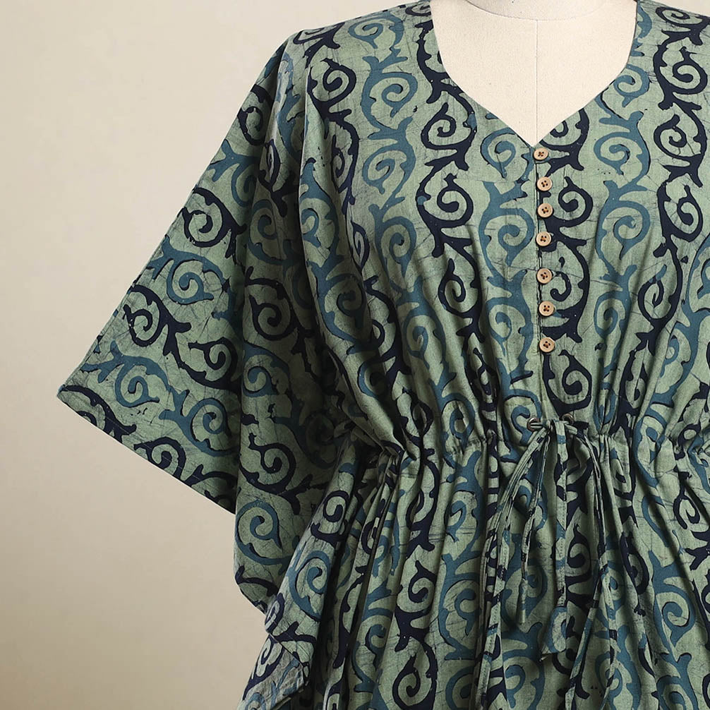  Green Hand Batik Print Cotton Kaftan