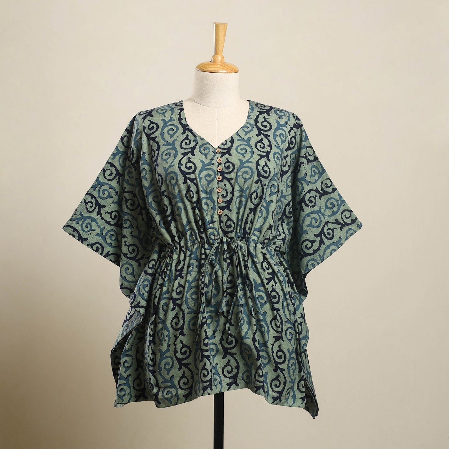  Green Hand Batik Print Cotton Kaftan