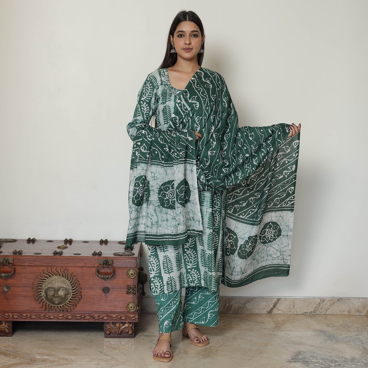 Buy Hand Batik Printed Cotton Kurta with Palazzo & Dupatta Set 08 Online at iTokri.com
