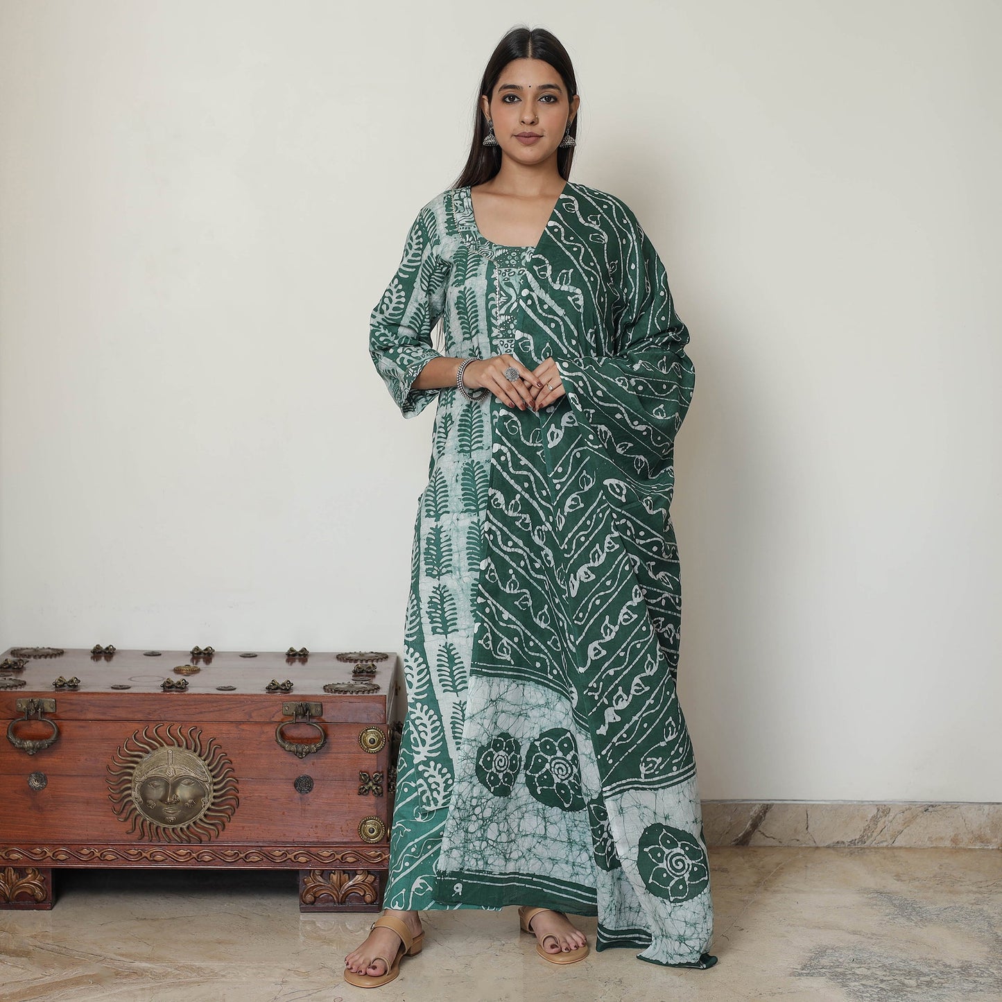 Buy Hand Batik Printed Cotton Kurta with Palazzo & Dupatta Set 08 Online at iTokri.com