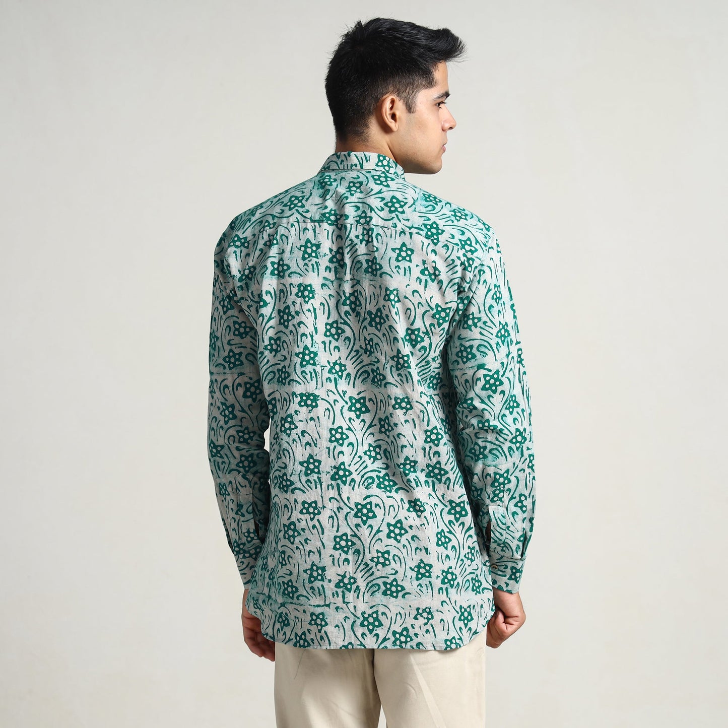 Green - Hand Batik Printed Cotton Men Full Sleeve Shirt 12