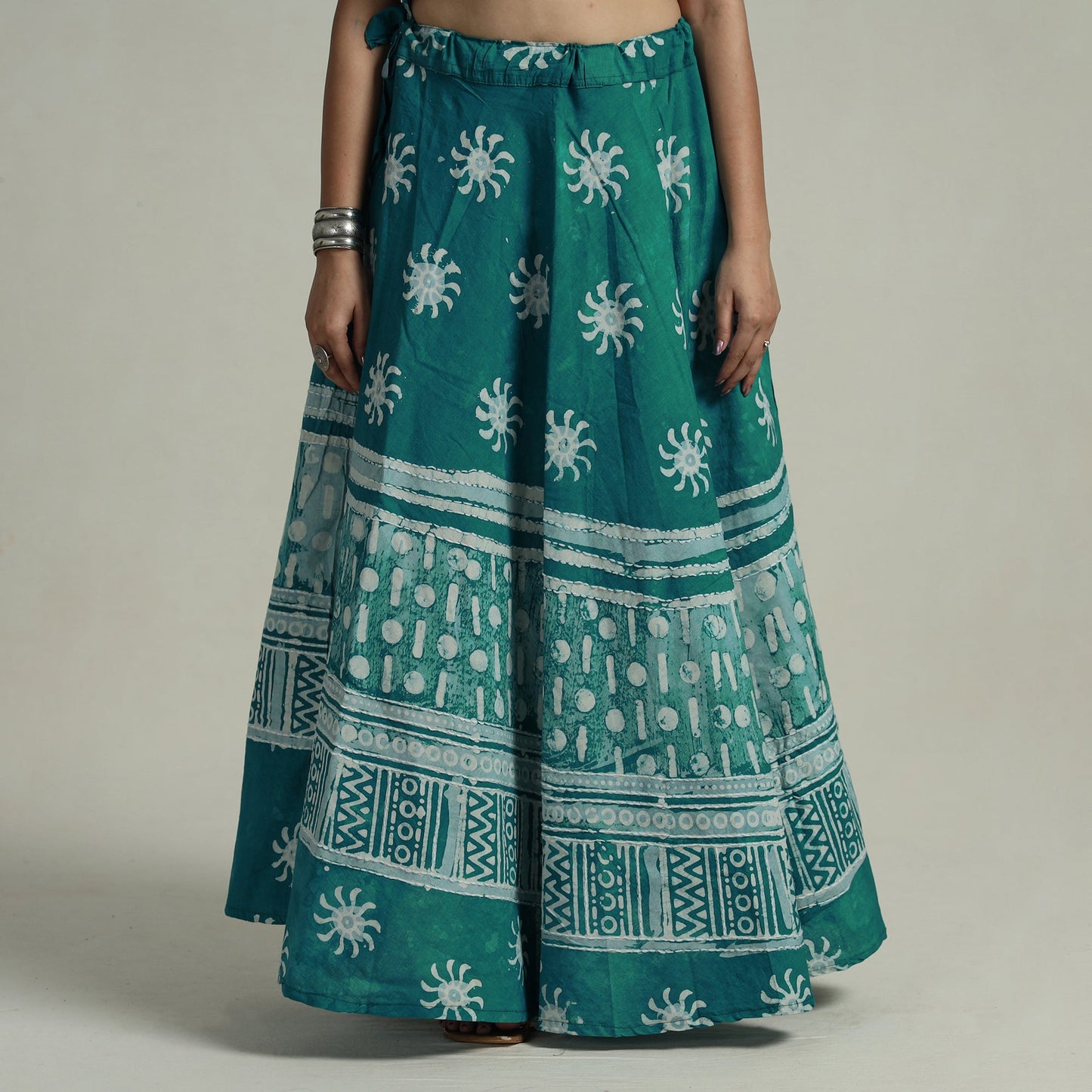 Green Hand Batik Printed Running Stitch Cotton Long Skirt 
