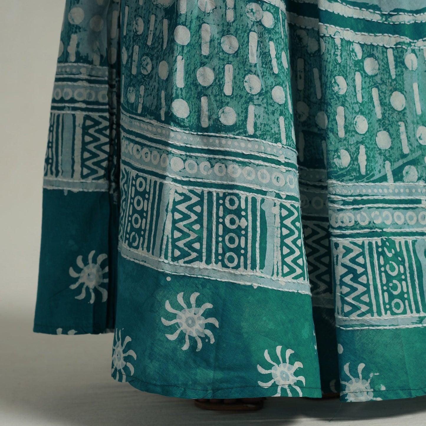Green Hand Batik Printed Running Stitch Cotton Long Skirt 