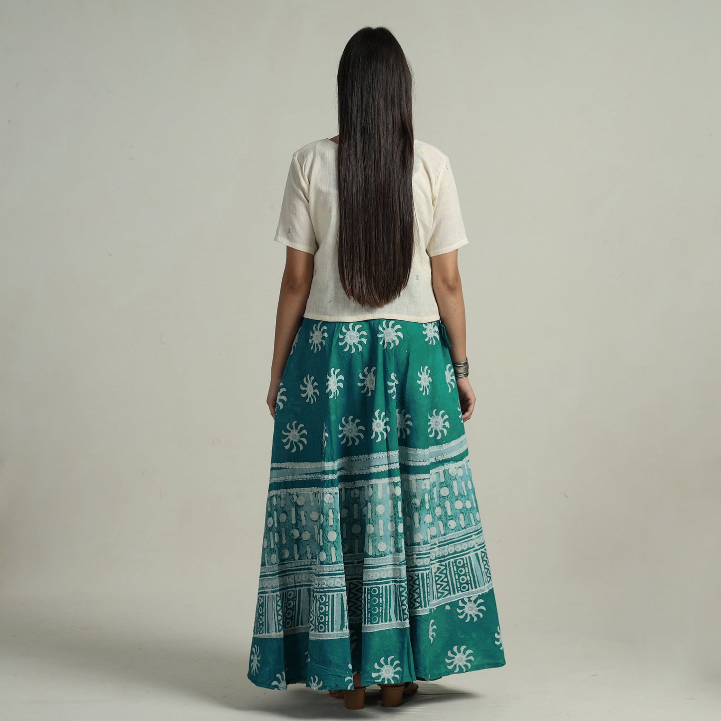Green Hand Batik Printed Running Stitch Cotton Long Skirt 
