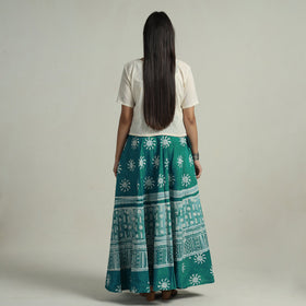 Green Hand Batik Printed Running Stitch Cotton Long Skirt 