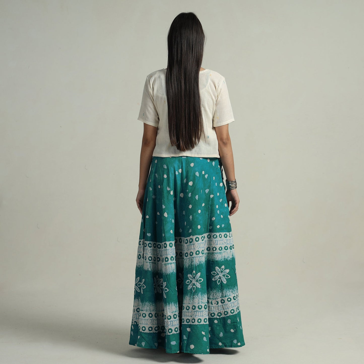 Green Hand Batik Printed Running Stitch Cotton Long Skirt 