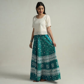 Green Hand Batik Printed Running Stitch Cotton Long Skirt 