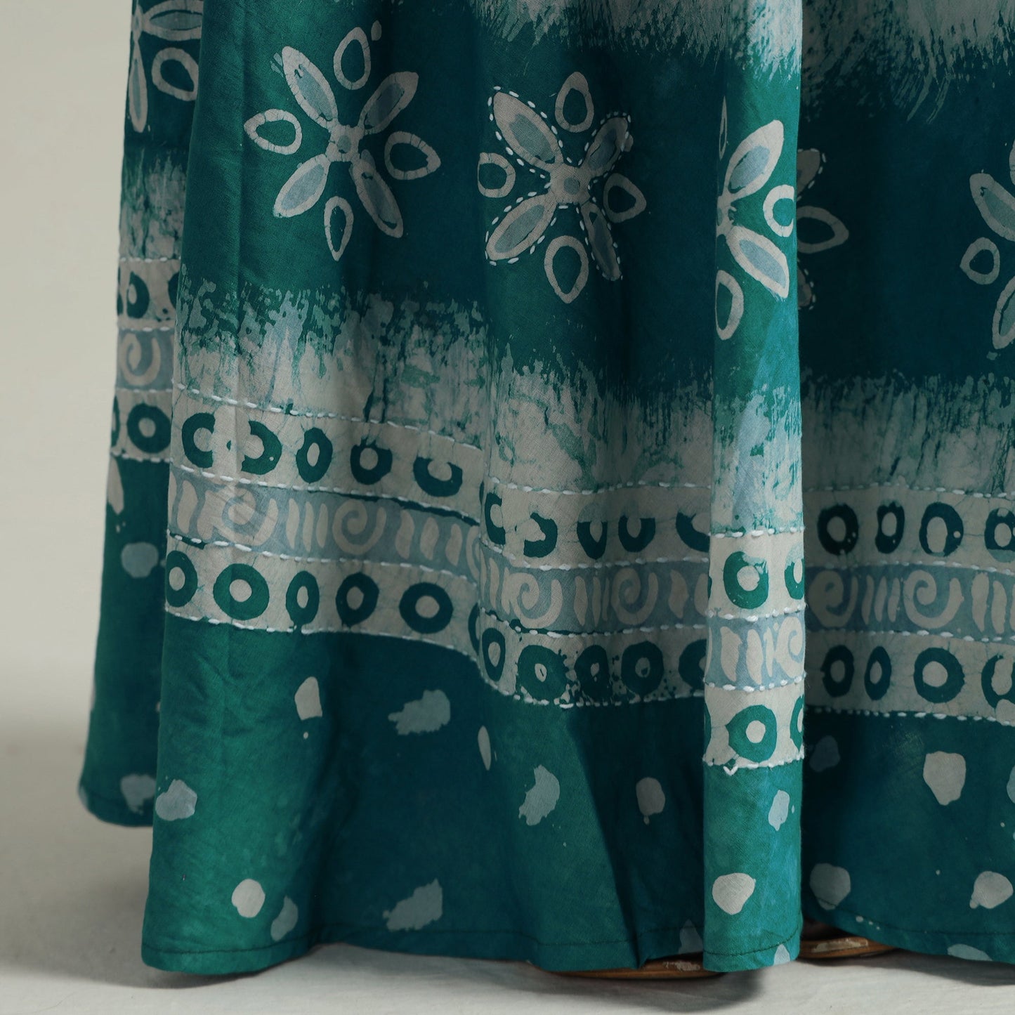 Green Hand Batik Printed Running Stitch Cotton Long Skirt 