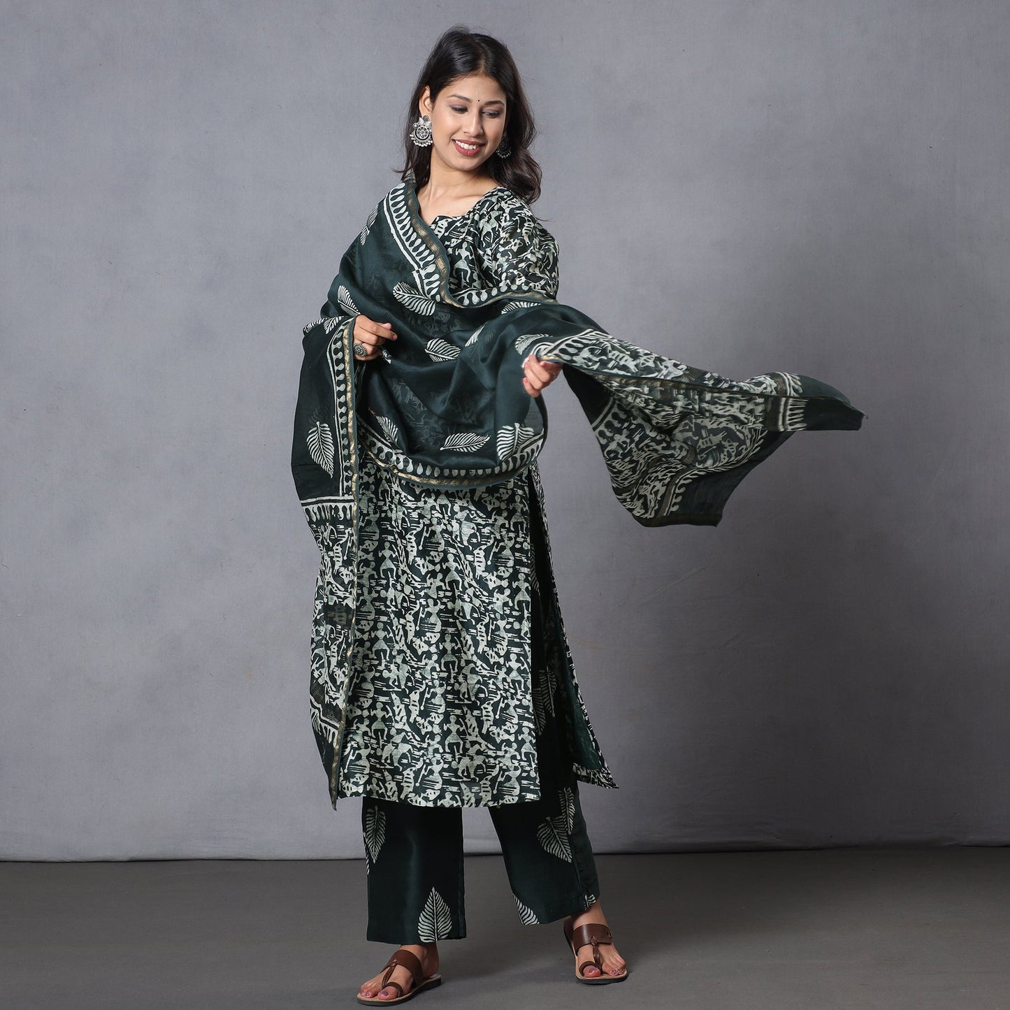 Green - Hand Batik Printing Chanderi Silk Kurta Suit Sets