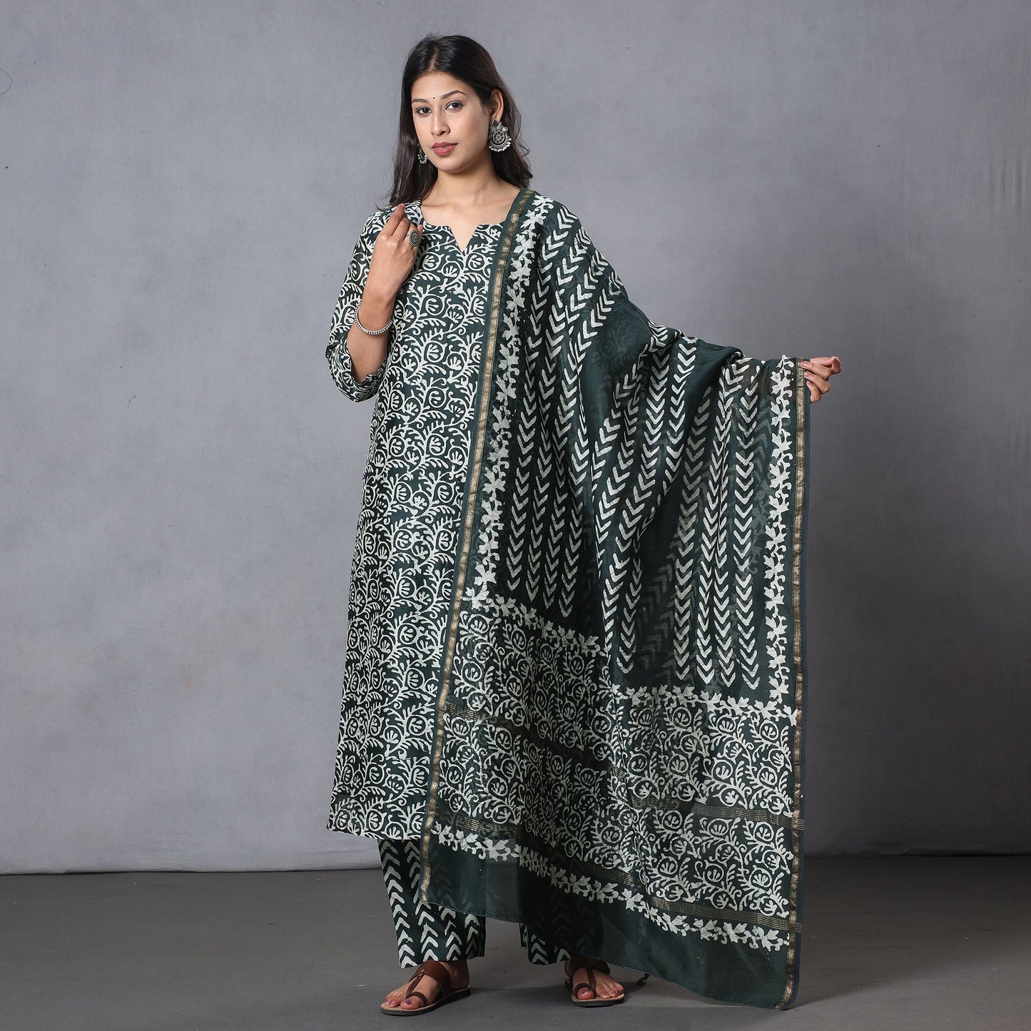 Green - hand batik printing chanderi silk kurta