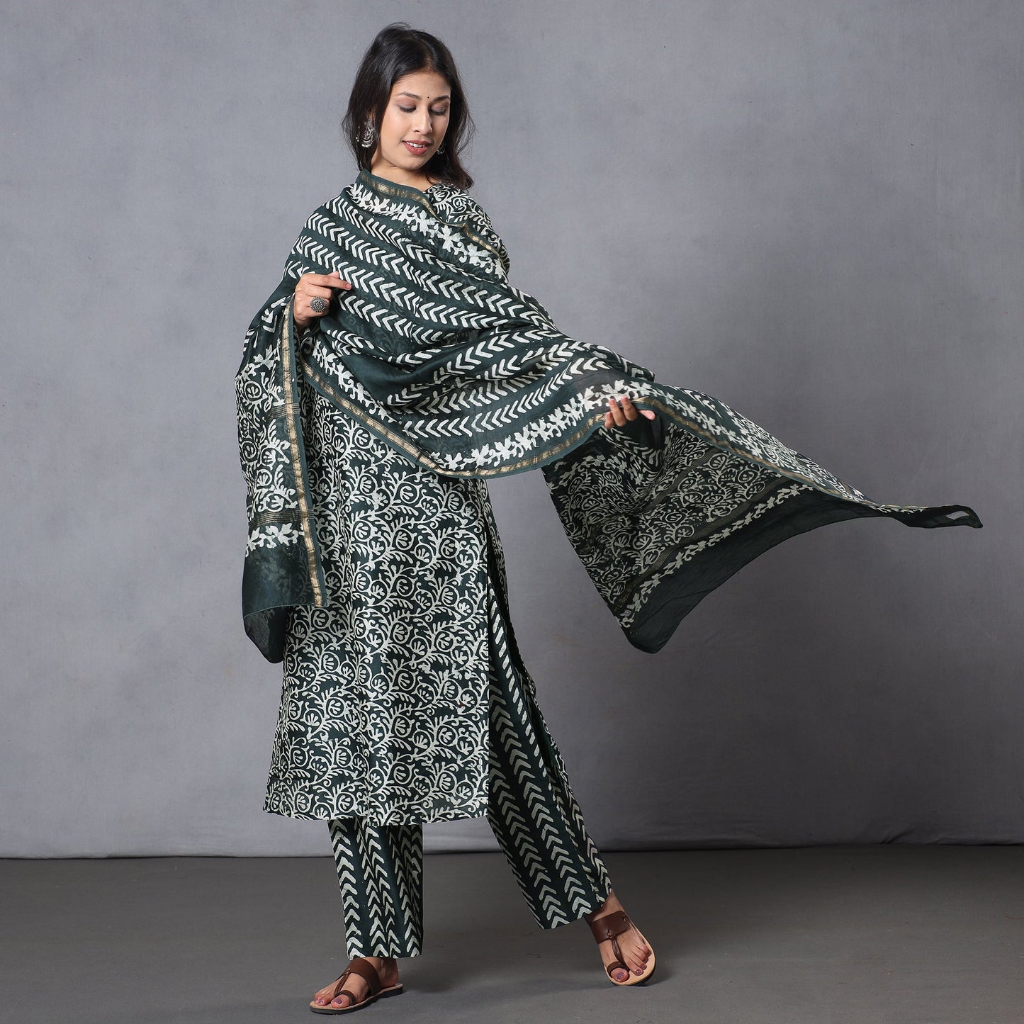 Green - hand batik printing chanderi silk kurta