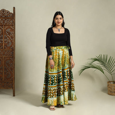 Green Hand Batik Print Running Stitch Cotton Long Skirt