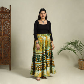 Green Hand Batik Print Running Stitch Cotton Long Skirt