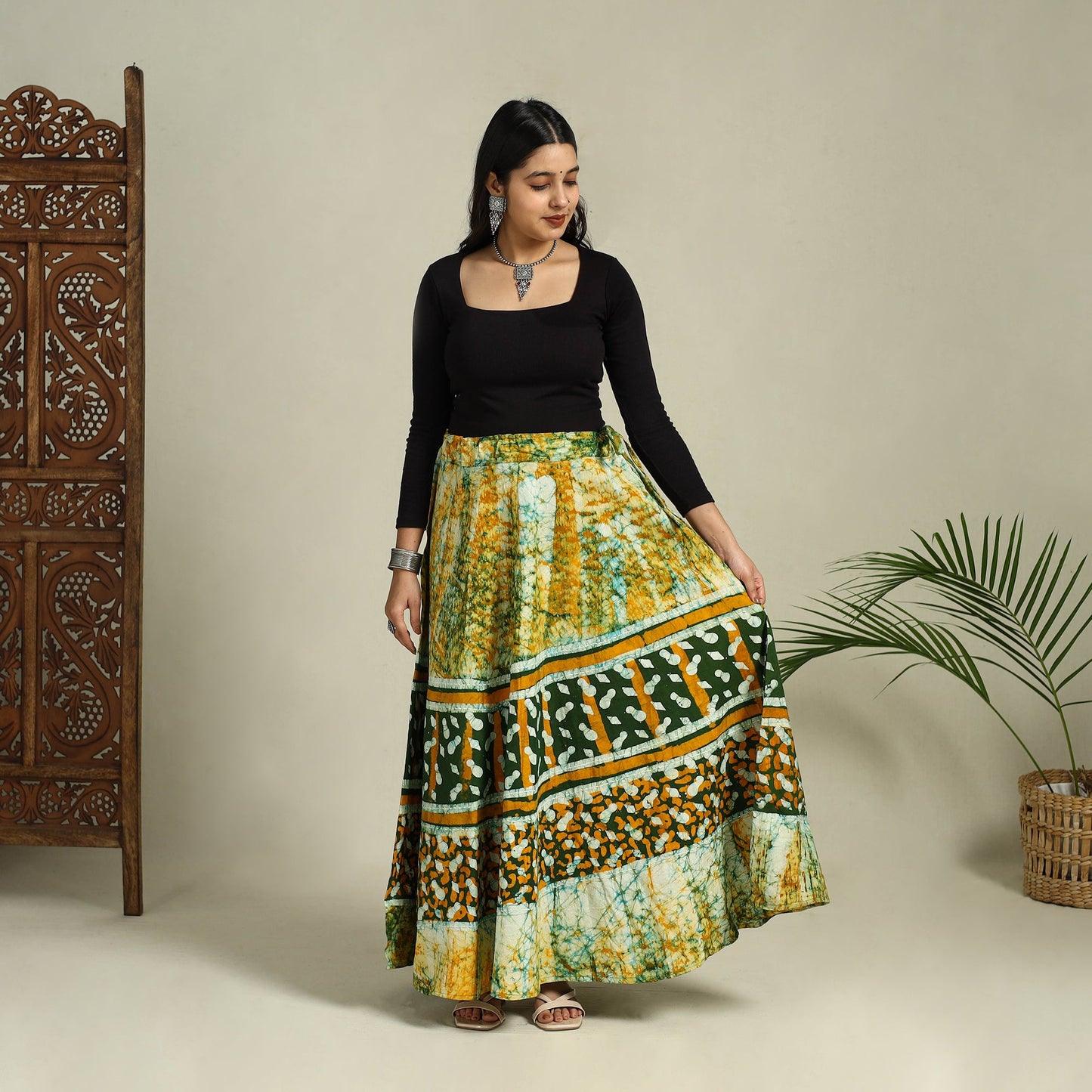 Green Hand Batik Print Running Stitch Cotton Long Skirt