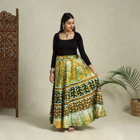 Green Hand Batik Print Running Stitch Cotton Long Skirt